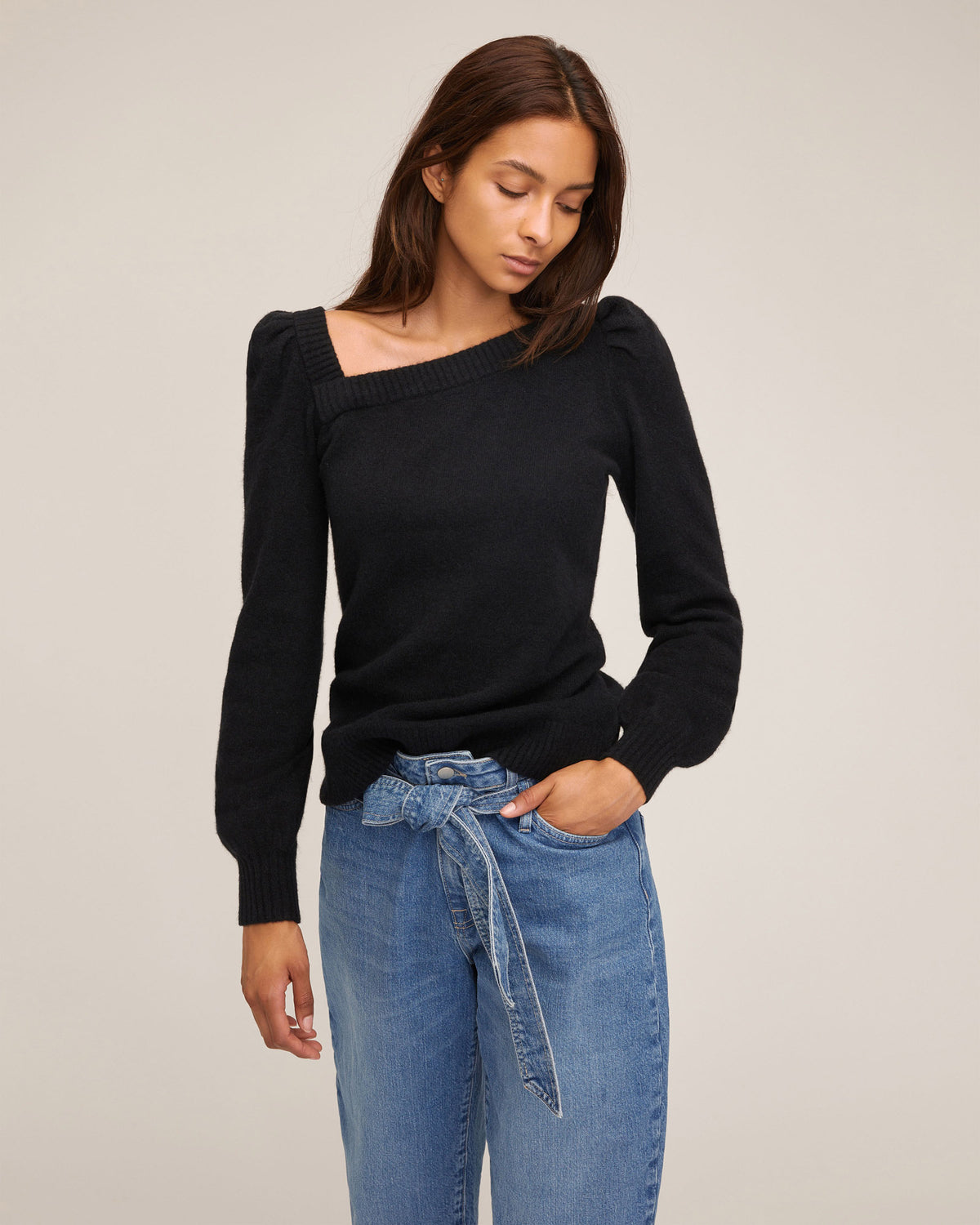 Dixie Asymmetrical Puff Sleeve Sweater in Black | MARISSA WEBB