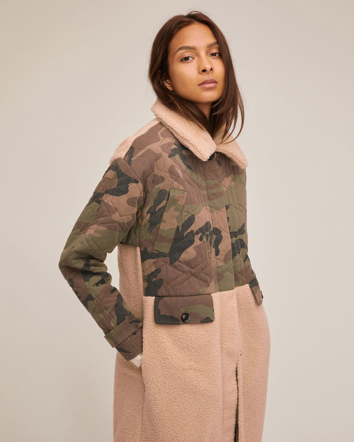 Reese Quilted Woodland Camo Sherpa Coat | MARISSA WEBB