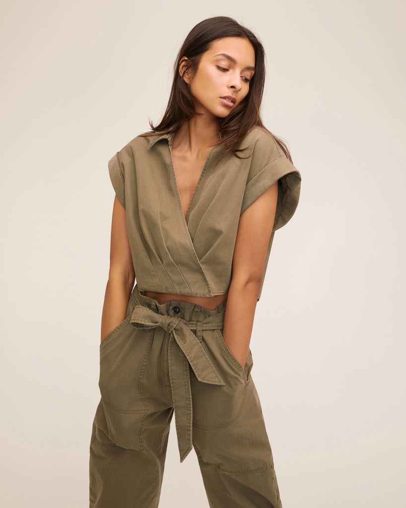 Rowe Washed Canvas Drop Shoulder Top in Military Green | MARISSA WEBB